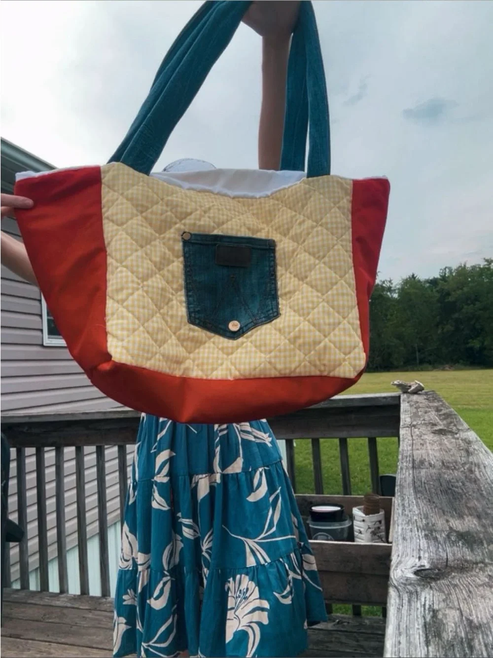 Casual Quilted Tote Bag with Denim Pocket - Red, Yellow, Teal